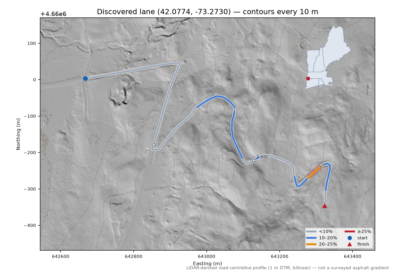 Discovered lane (42.0774, -73.2730) LiDAR hillshade map with contours