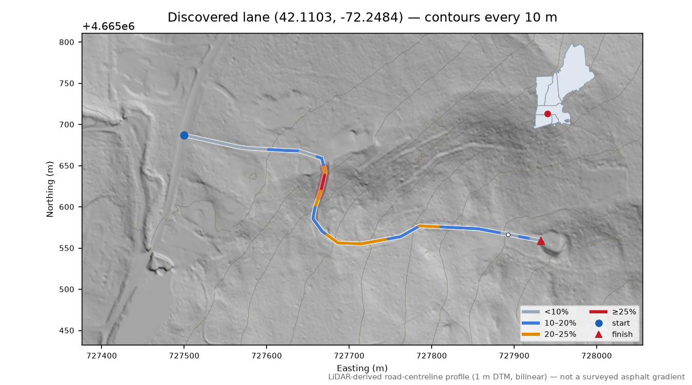 Discovered lane (42.1103, -72.2484) LiDAR hillshade map with contours
