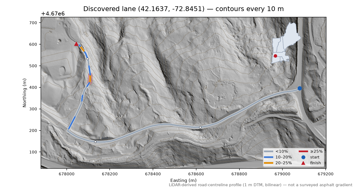 Discovered lane (42.1637, -72.8451) LiDAR hillshade map with contours