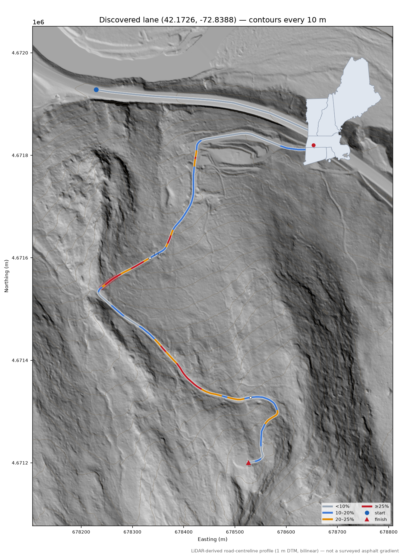 Discovered lane (42.1726, -72.8388) LiDAR hillshade map with contours