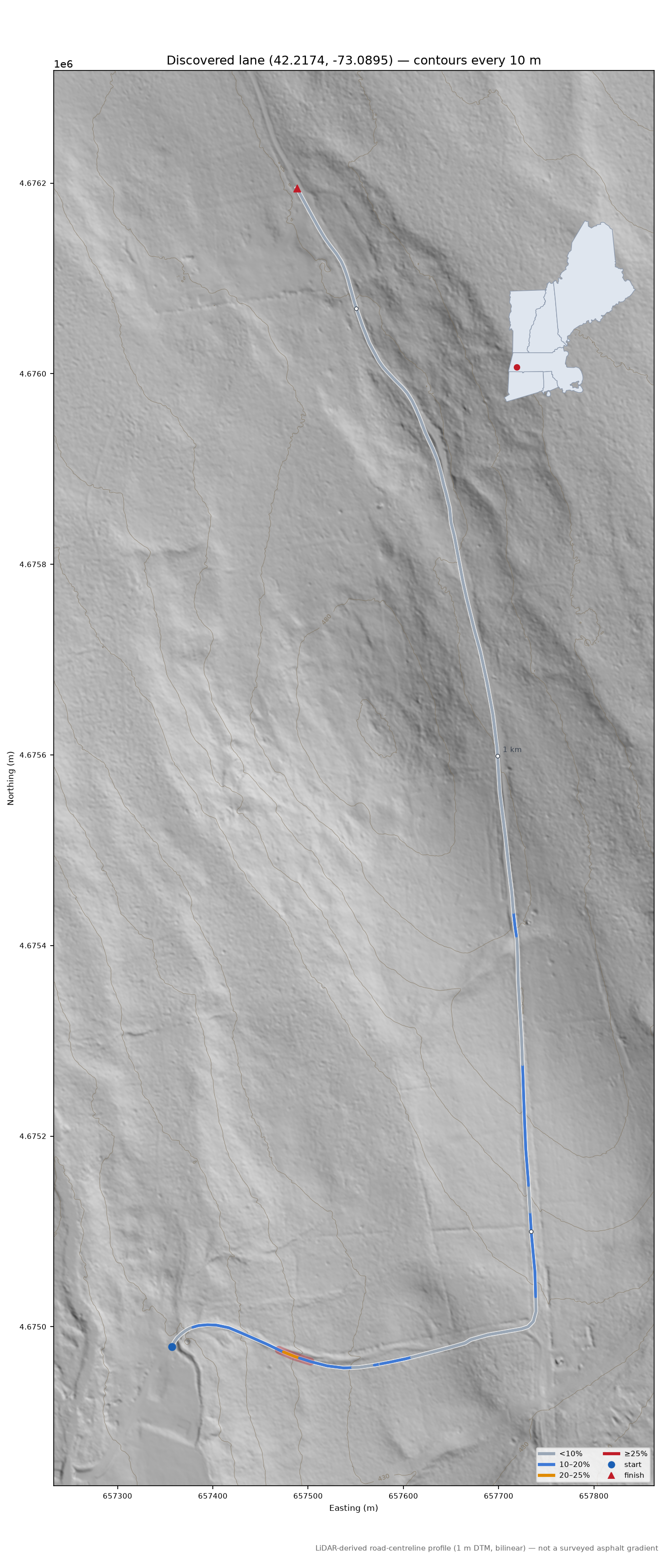 Discovered lane (42.2174, -73.0895) LiDAR hillshade map with contours