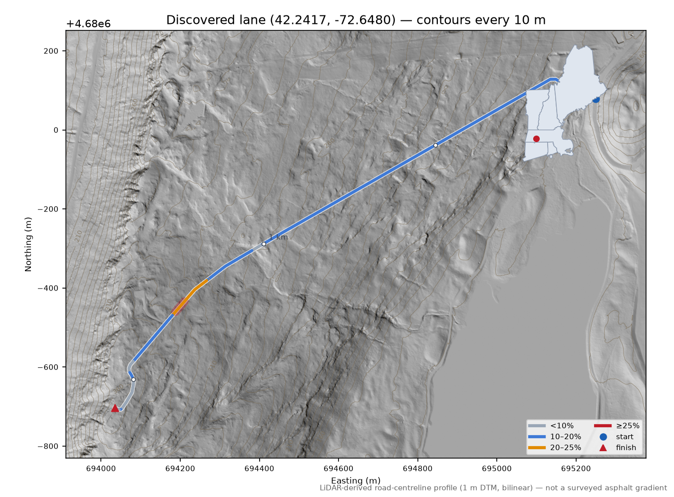 Discovered lane (42.2417, -72.6480) LiDAR hillshade map with contours