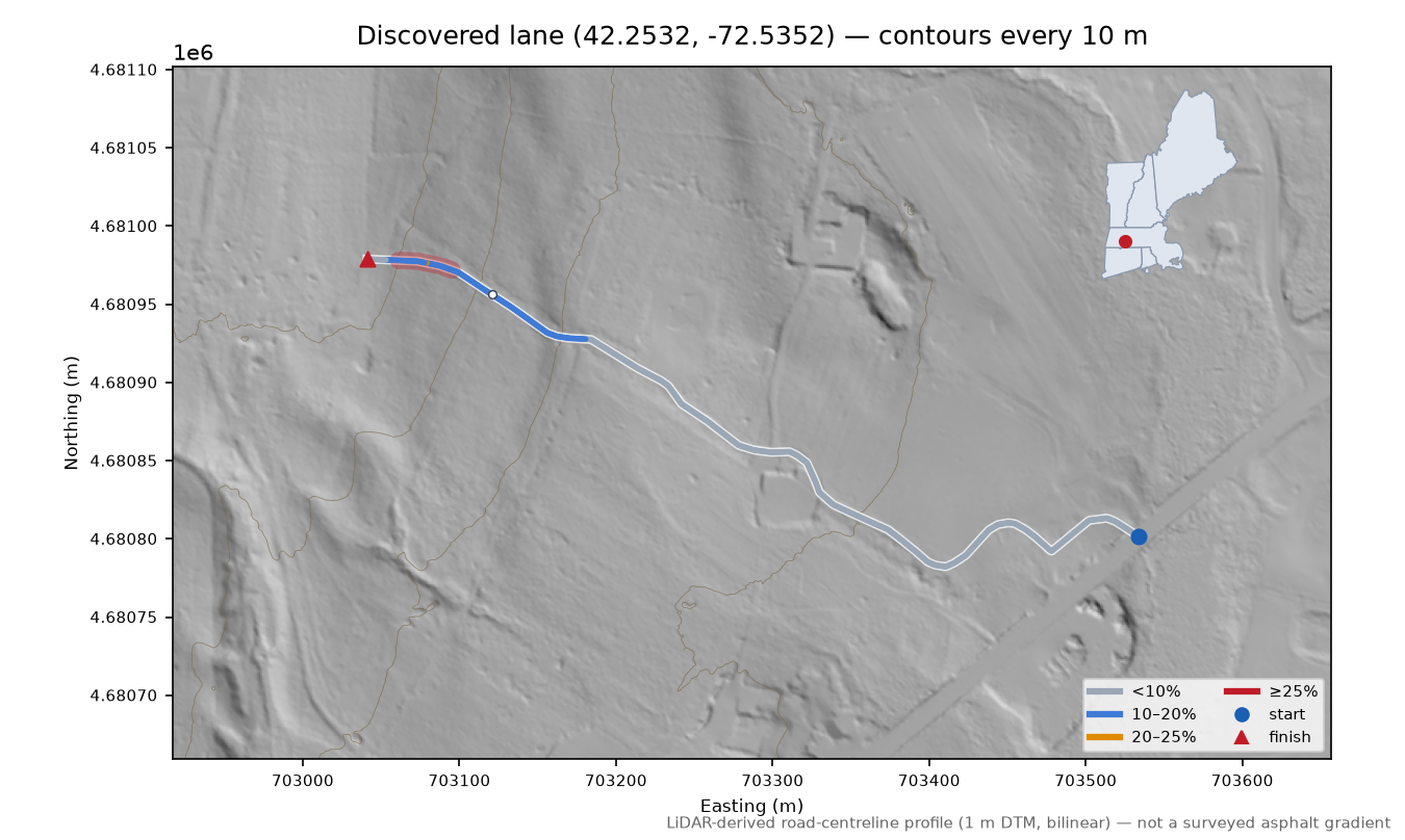 Discovered lane (42.2532, -72.5352) LiDAR hillshade map with contours