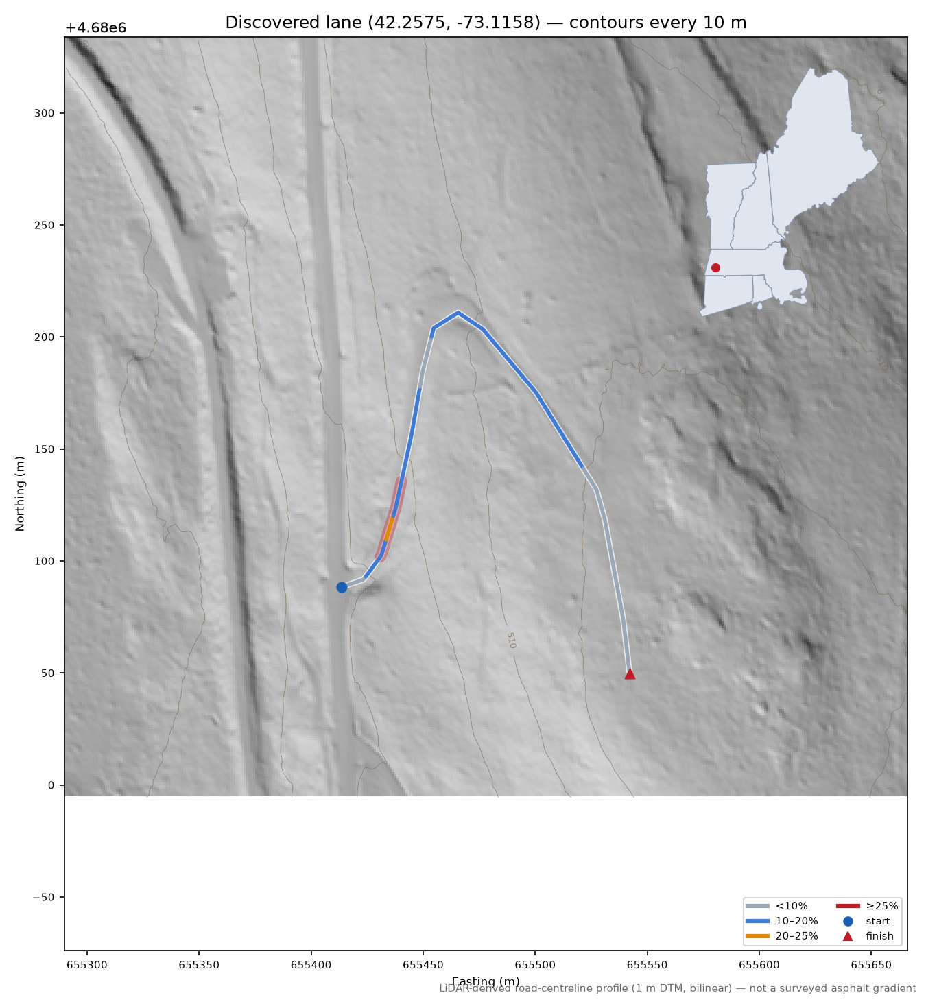 Discovered lane (42.2575, -73.1158) LiDAR hillshade map with contours