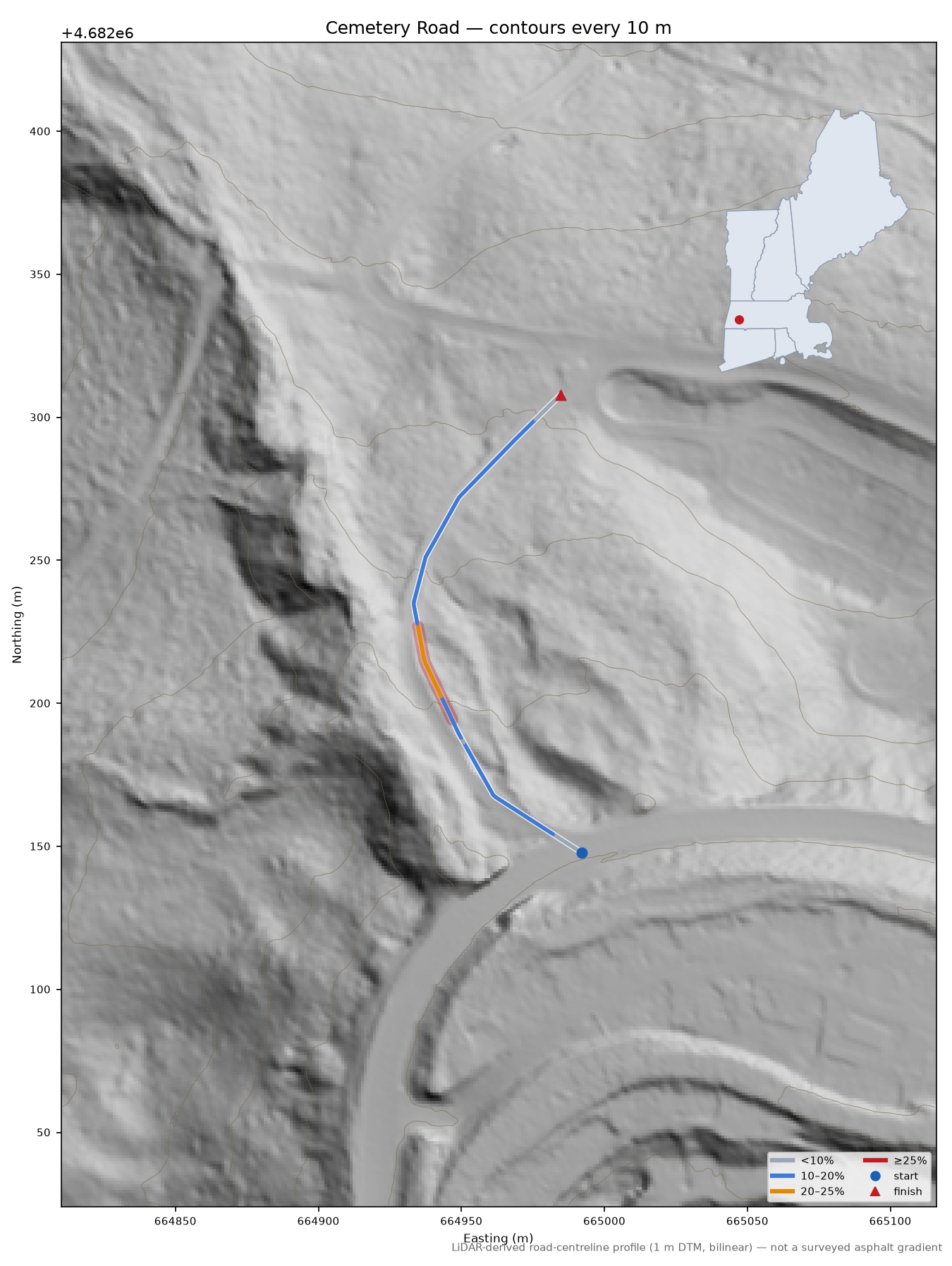 Cemetery Road LiDAR hillshade map with contours