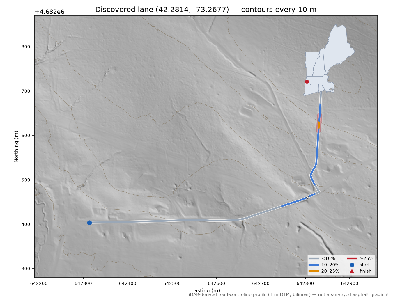 Discovered lane (42.2814, -73.2677) LiDAR hillshade map with contours