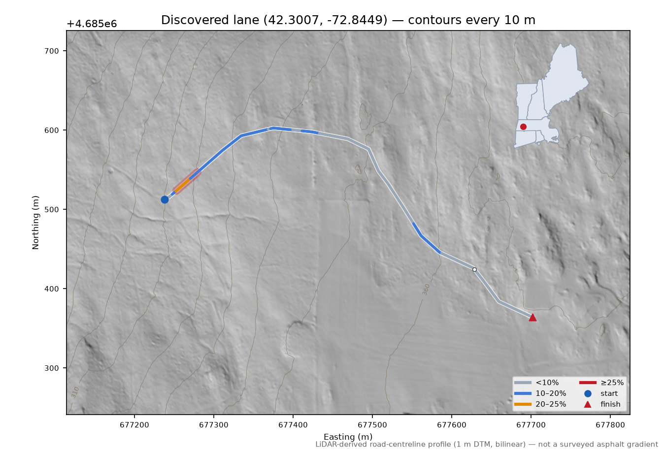 Discovered lane (42.3007, -72.8449) LiDAR hillshade map with contours