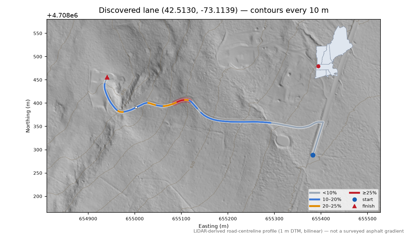 Discovered lane (42.5130, -73.1139) LiDAR hillshade map with contours