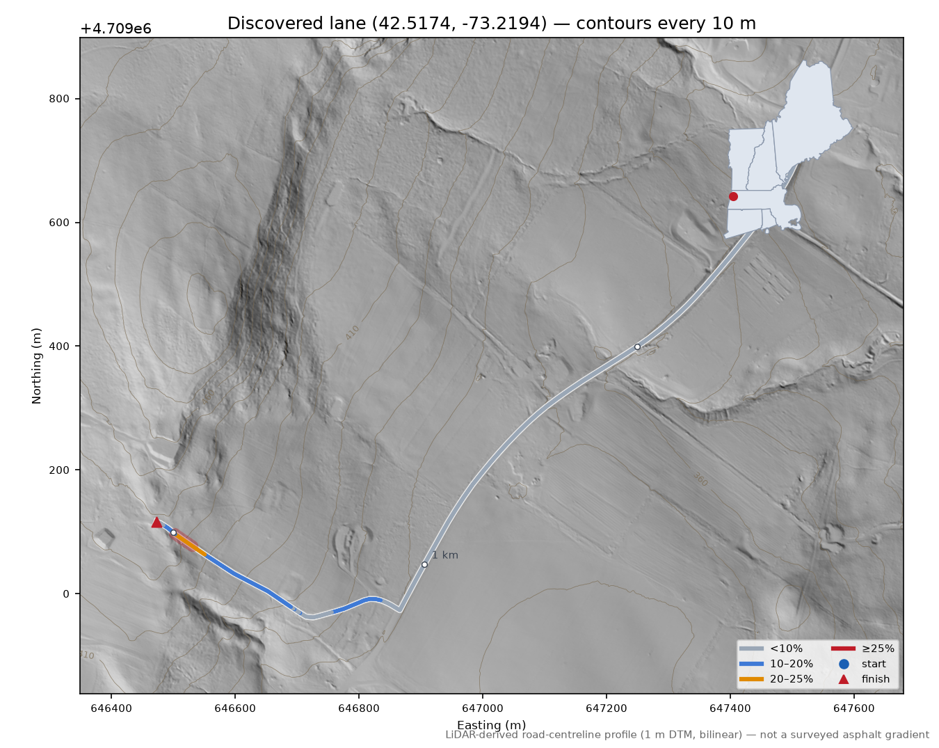 Discovered lane (42.5174, -73.2194) LiDAR hillshade map with contours