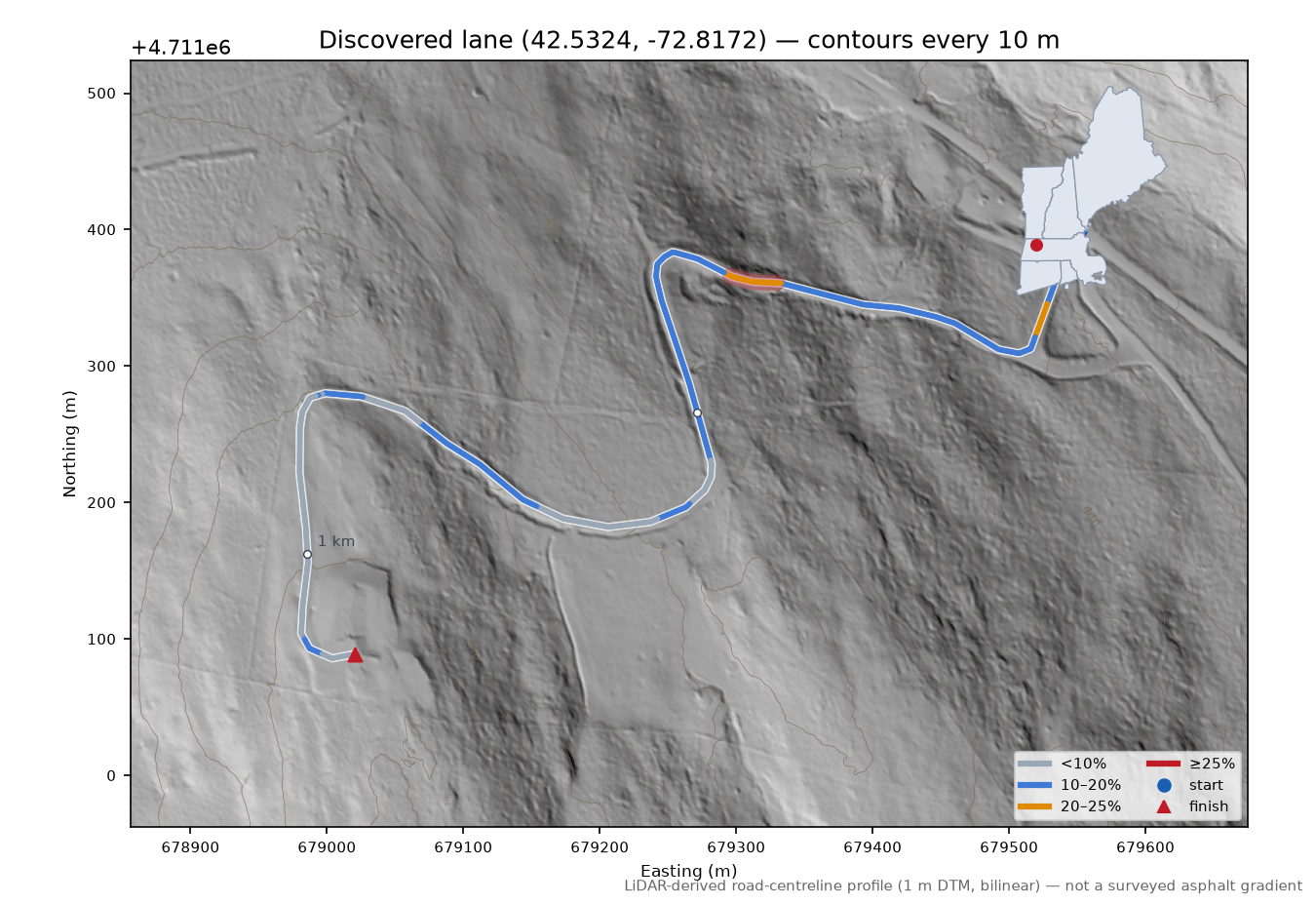 Discovered lane (42.5324, -72.8172) LiDAR hillshade map with contours