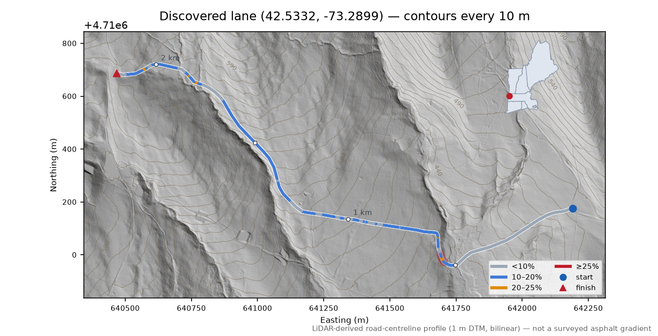 Discovered lane (42.5332, -73.2899) LiDAR hillshade map with contours