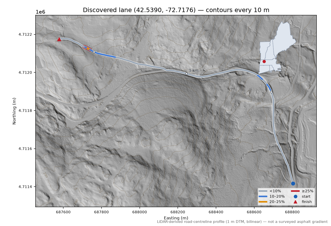 Discovered lane (42.5390, -72.7176) LiDAR hillshade map with contours