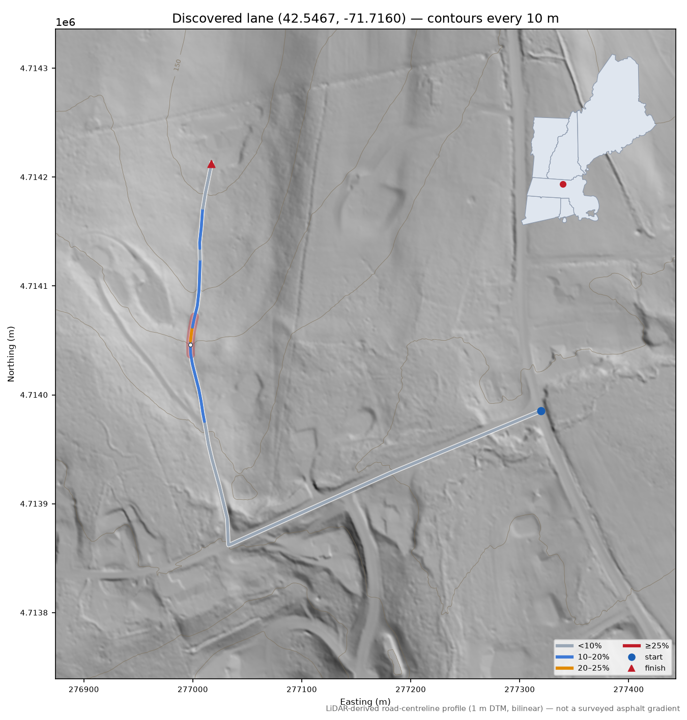 Discovered lane (42.5467, -71.7160) LiDAR hillshade map with contours
