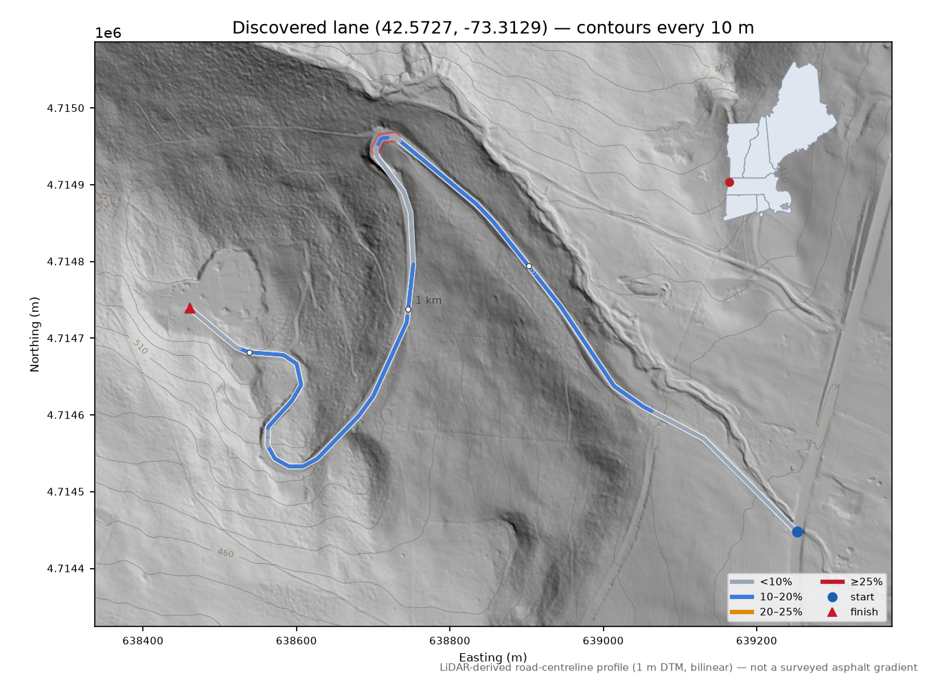 Discovered lane (42.5727, -73.3129) LiDAR hillshade map with contours