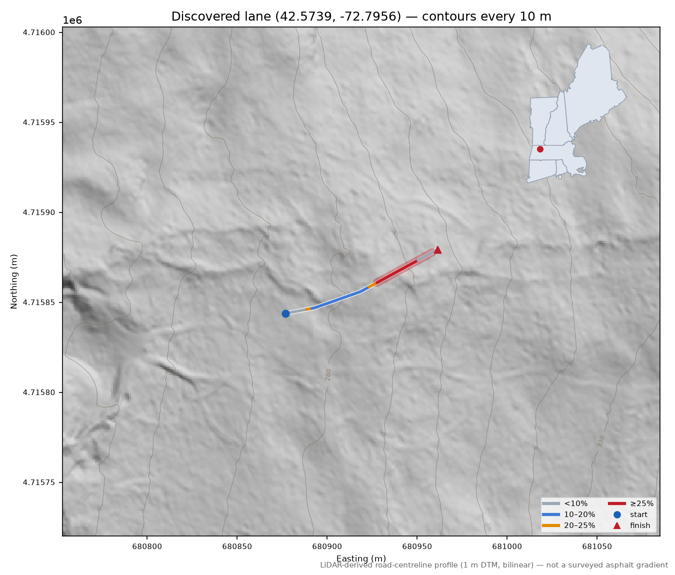 Discovered lane (42.5739, -72.7956) LiDAR hillshade map with contours