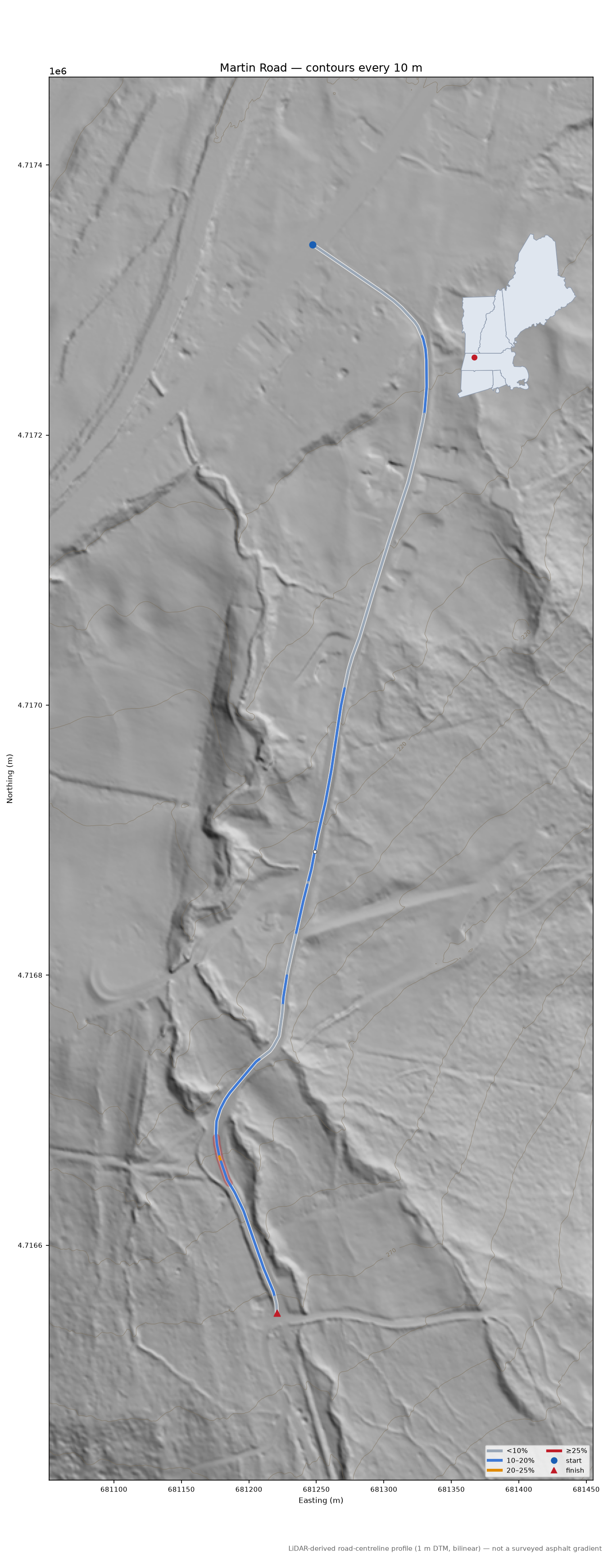 Martin Road LiDAR hillshade map with contours