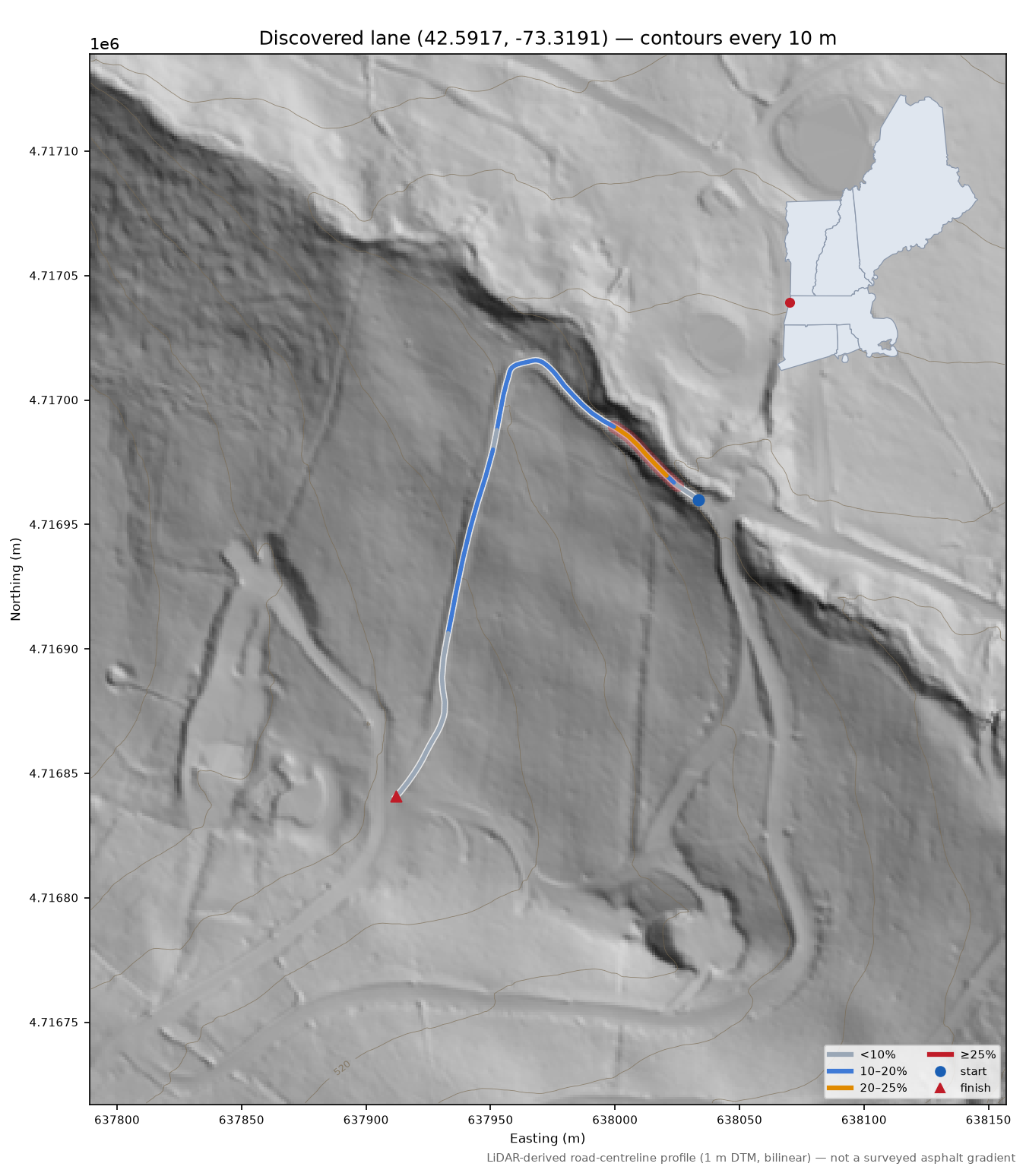 Discovered lane (42.5917, -73.3191) LiDAR hillshade map with contours