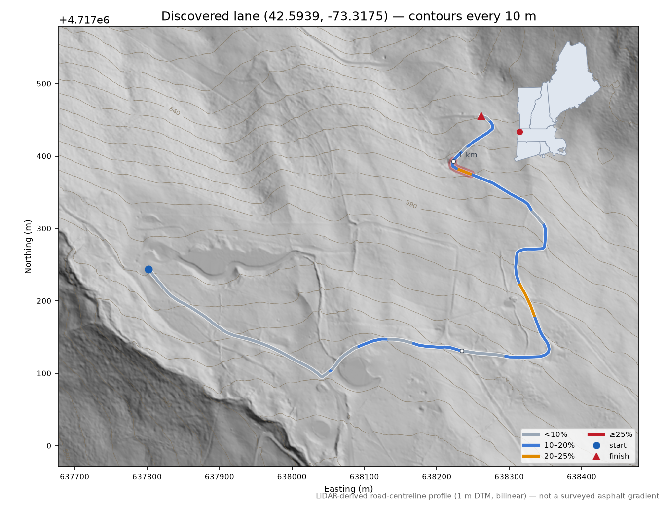 Discovered lane (42.5939, -73.3175) LiDAR hillshade map with contours