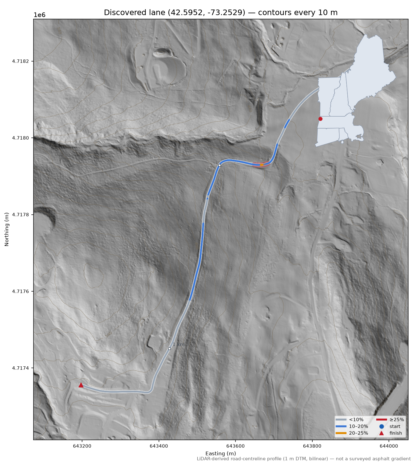 Discovered lane (42.5952, -73.2529) LiDAR hillshade map with contours