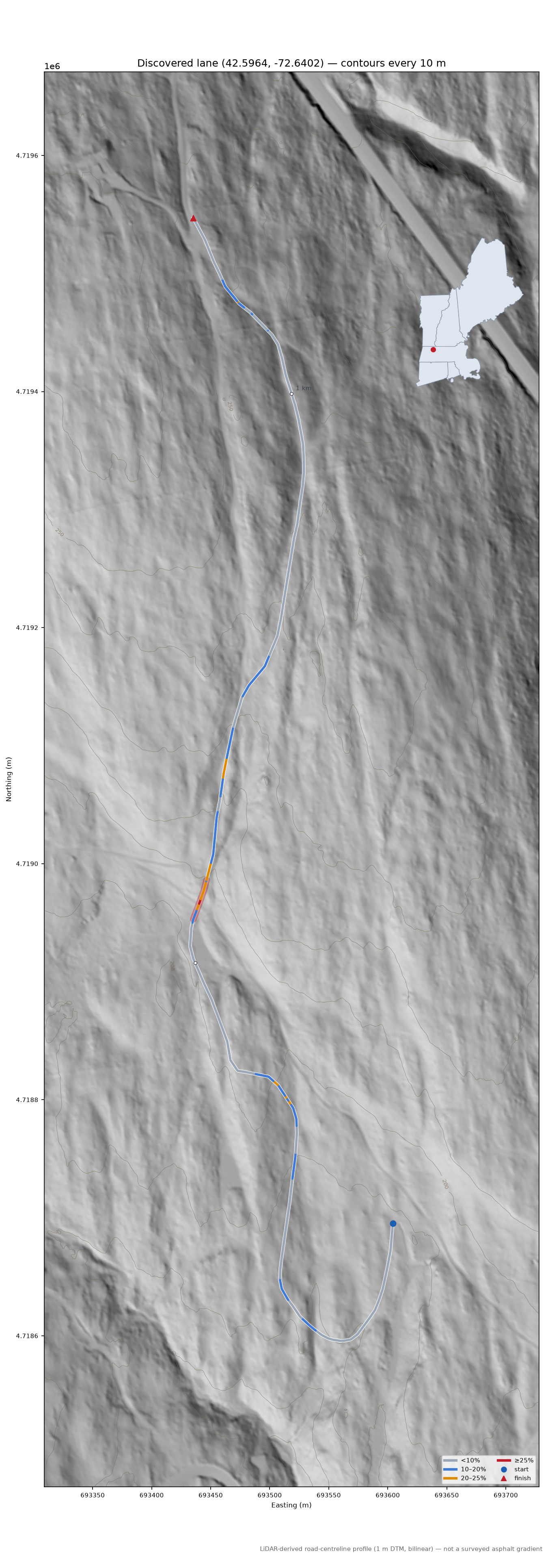 Discovered lane (42.5964, -72.6402) LiDAR hillshade map with contours