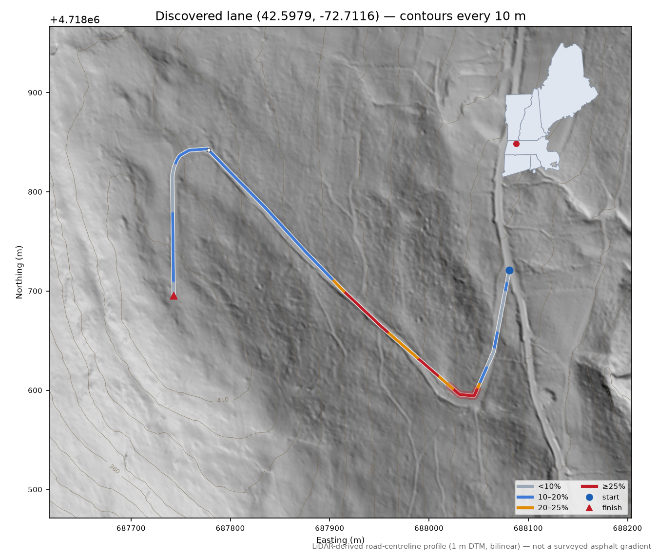 Discovered lane (42.5979, -72.7116) LiDAR hillshade map with contours