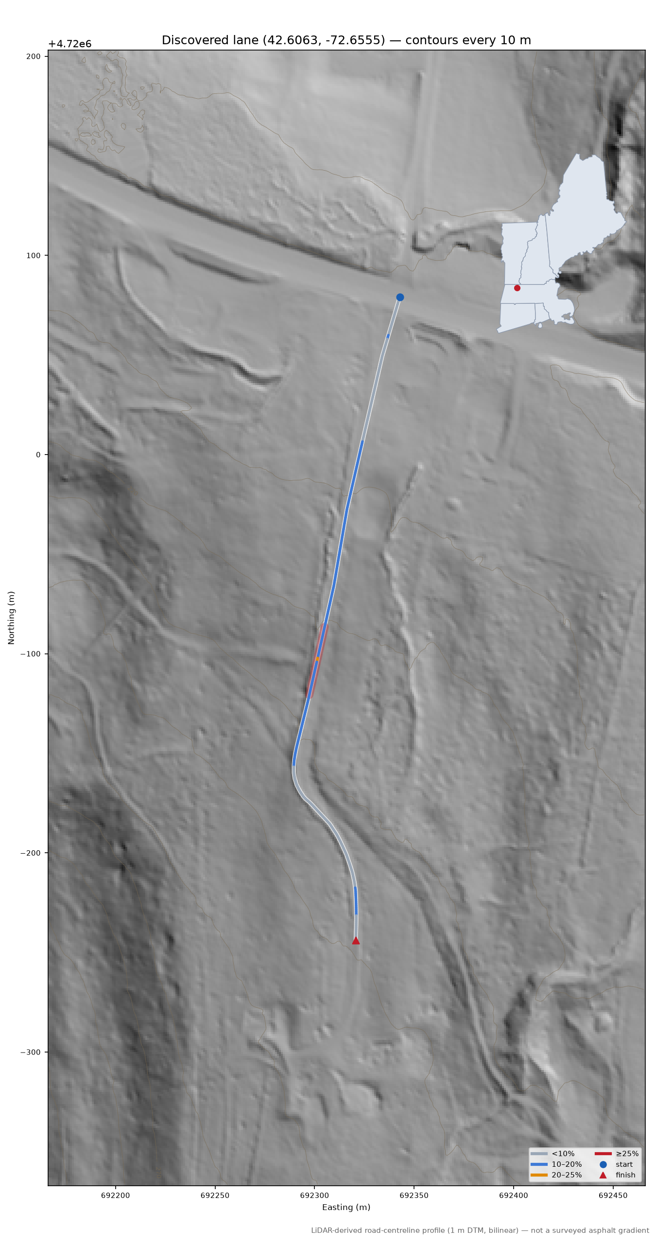 Discovered lane (42.6063, -72.6555) LiDAR hillshade map with contours