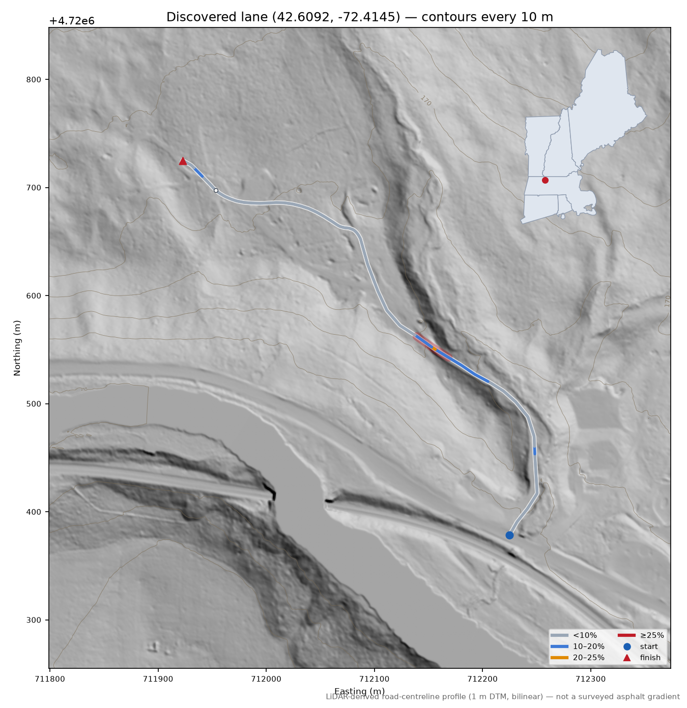 Discovered lane (42.6092, -72.4145) LiDAR hillshade map with contours