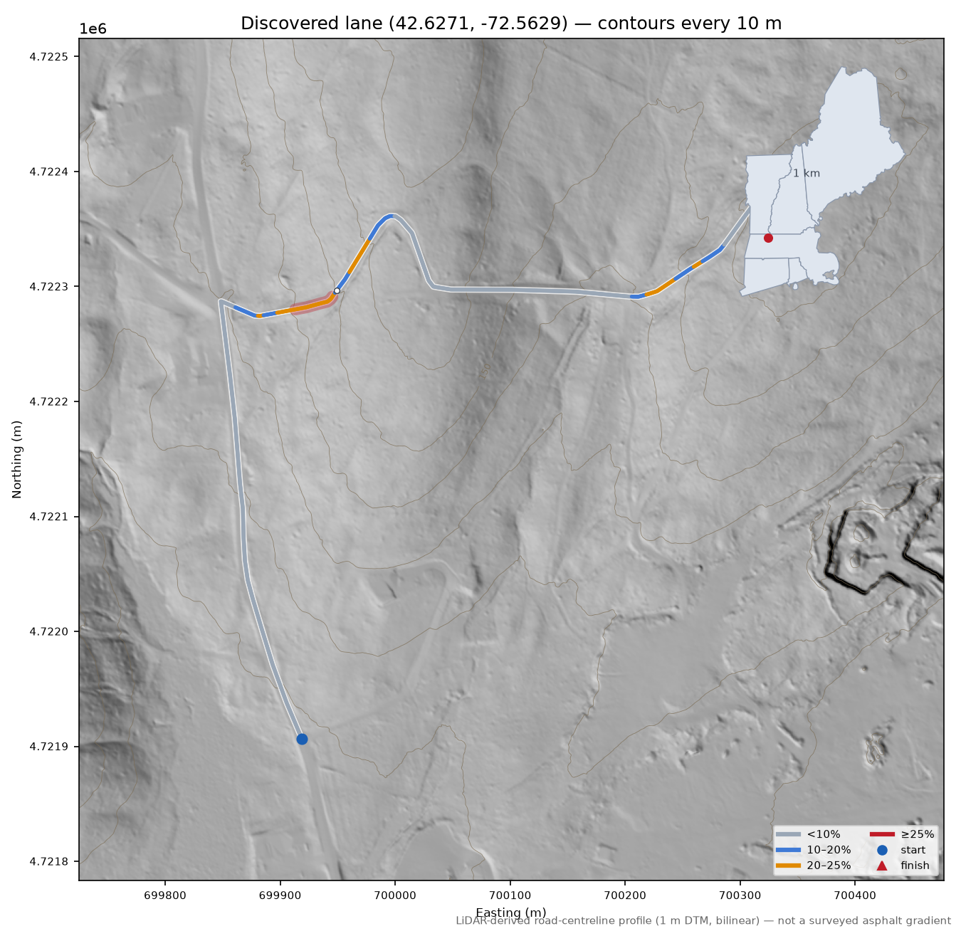 Discovered lane (42.6271, -72.5629) LiDAR hillshade map with contours