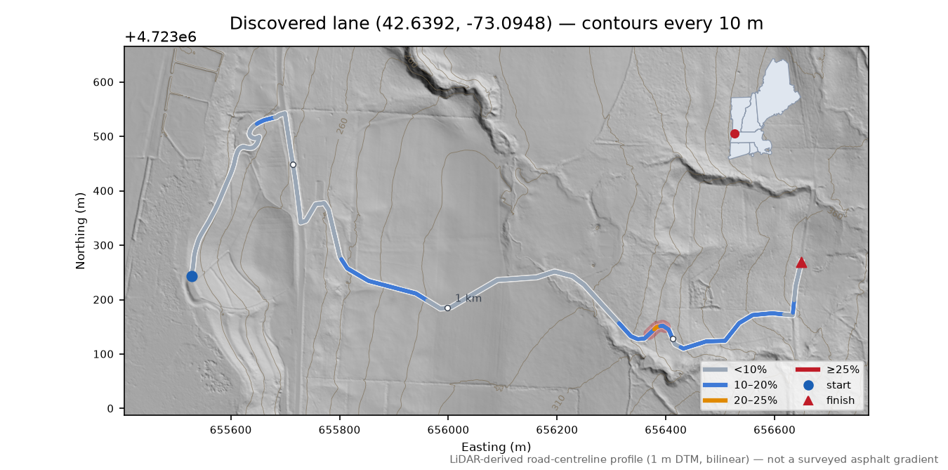 Discovered lane (42.6392, -73.0948) LiDAR hillshade map with contours