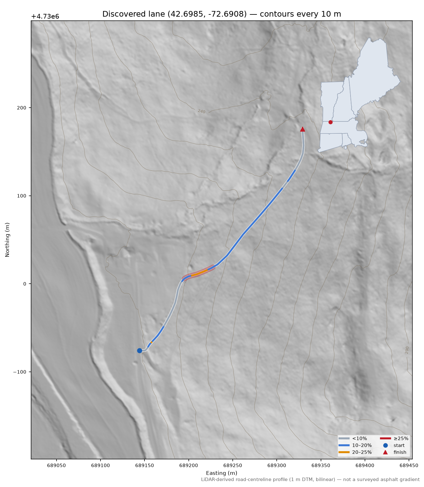 Discovered lane (42.6985, -72.6908) LiDAR hillshade map with contours