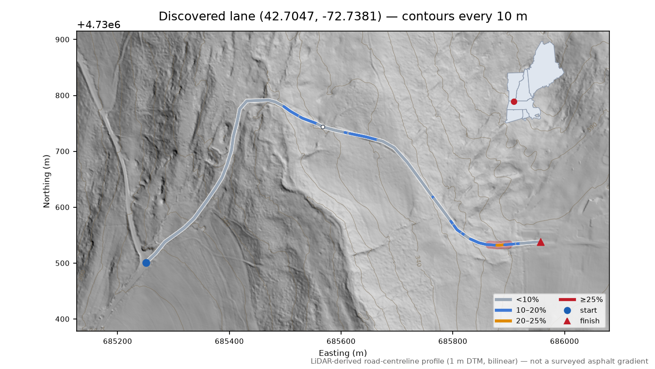 Discovered lane (42.7047, -72.7381) LiDAR hillshade map with contours