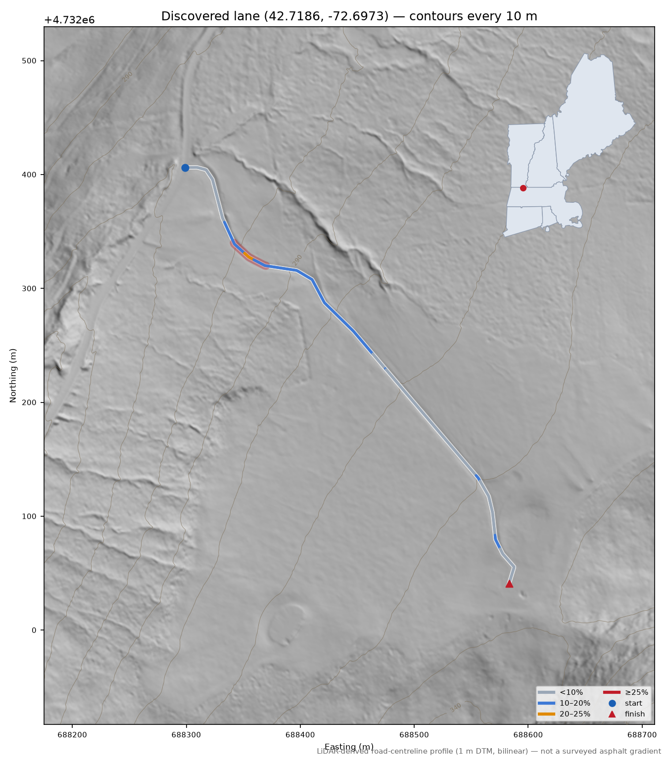 Discovered lane (42.7186, -72.6973) LiDAR hillshade map with contours