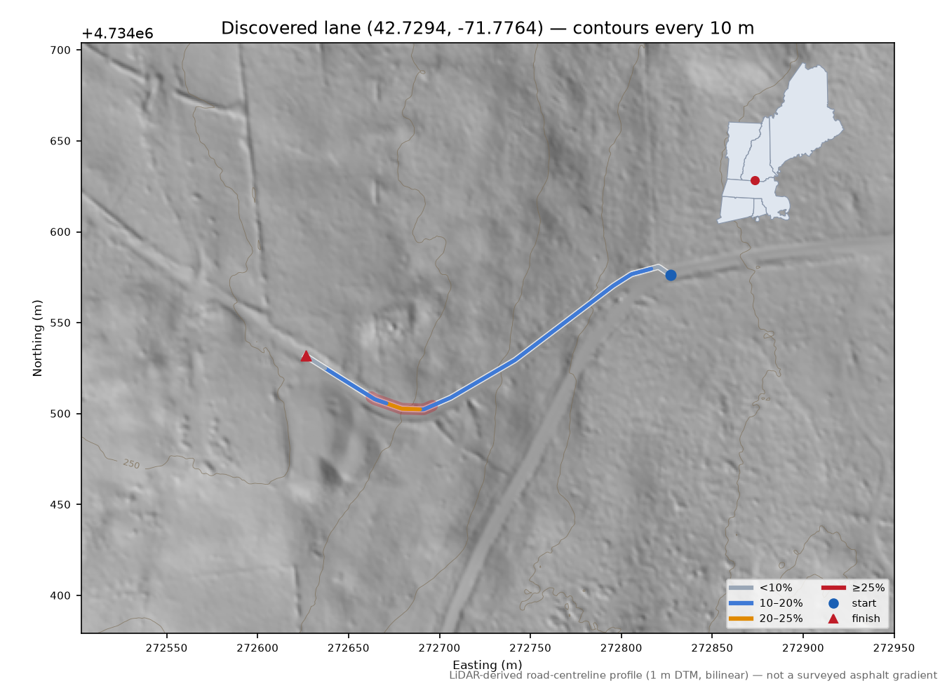 Discovered lane (42.7294, -71.7764) LiDAR hillshade map with contours