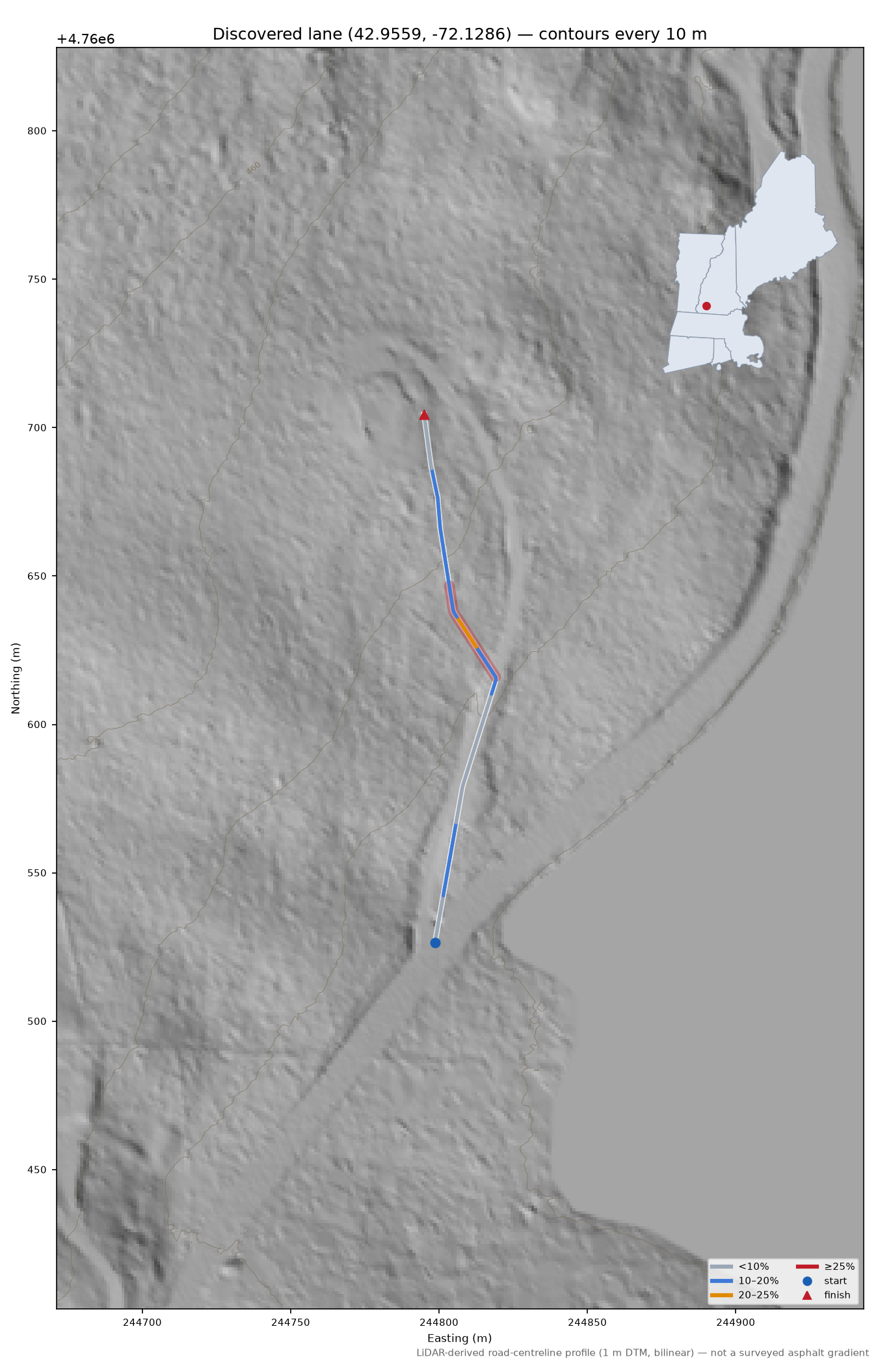 Discovered lane (42.9559, -72.1286) LiDAR hillshade map with contours
