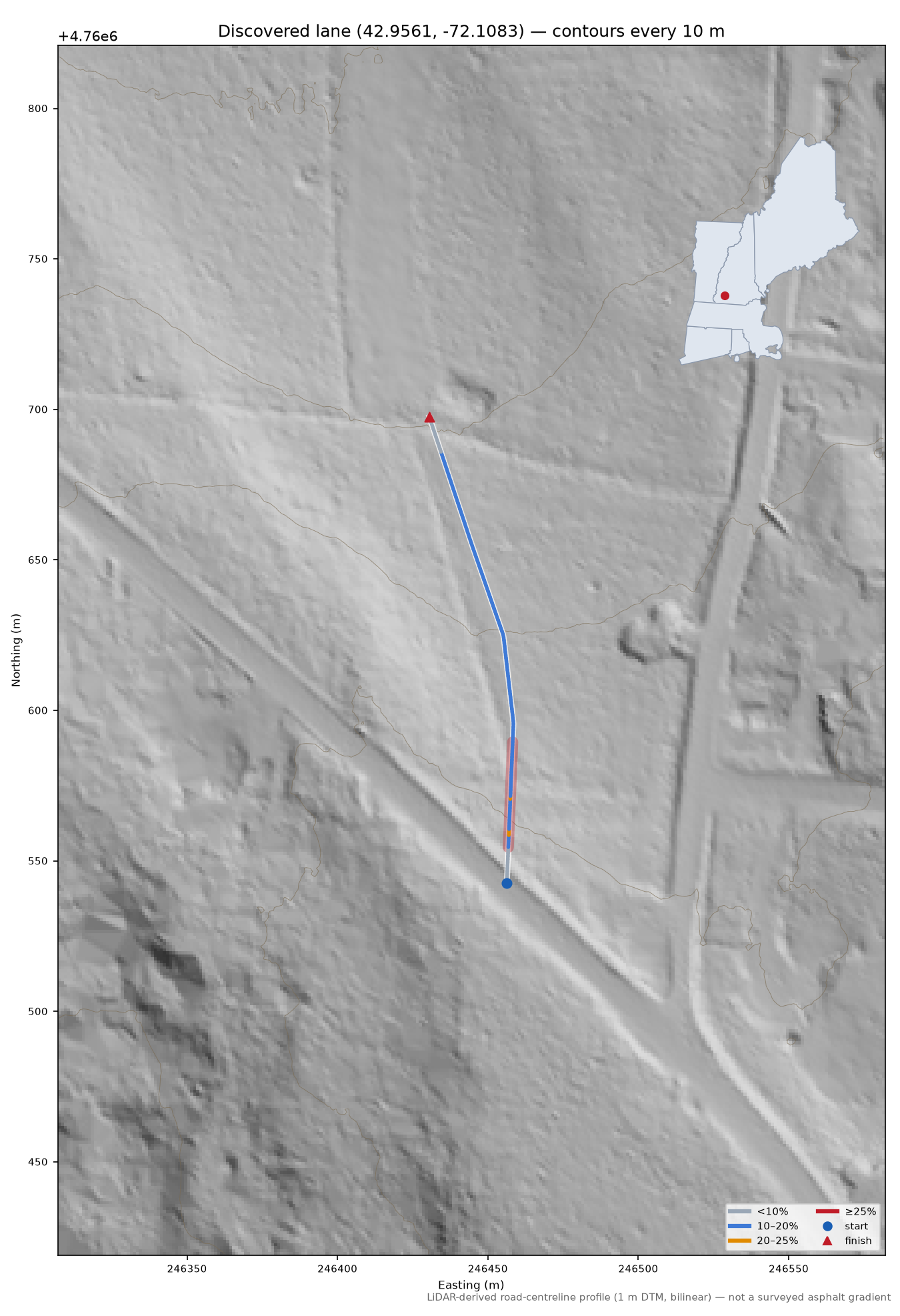 Discovered lane (42.9561, -72.1083) LiDAR hillshade map with contours