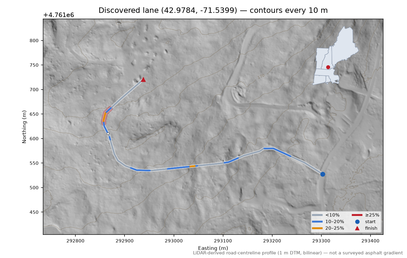 Discovered lane (42.9784, -71.5399) LiDAR hillshade map with contours