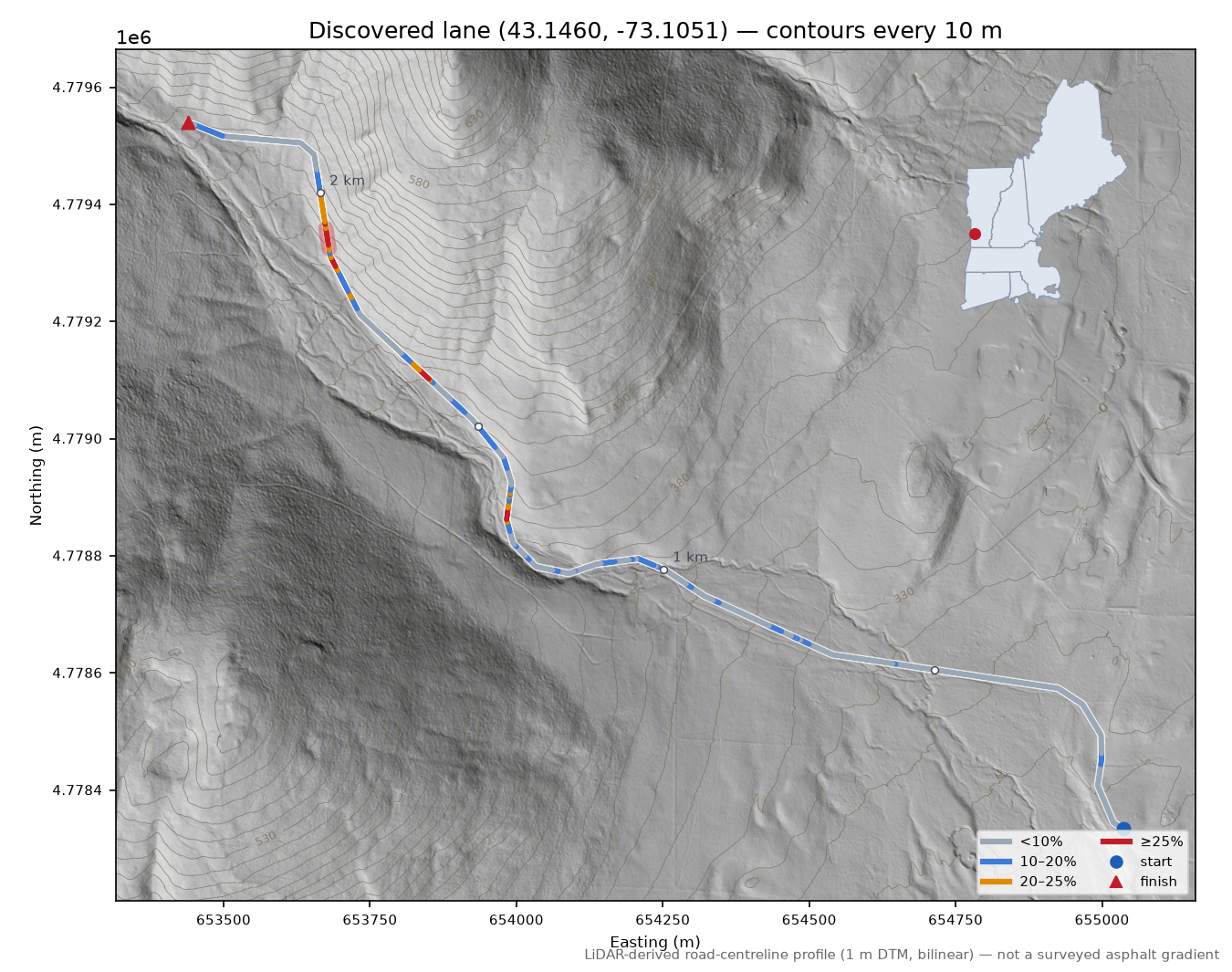 Discovered lane (43.1460, -73.1051) LiDAR hillshade map with contours