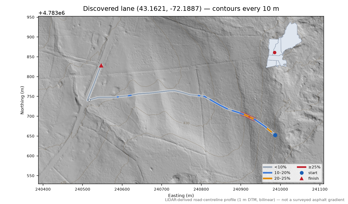 Discovered lane (43.1621, -72.1887) LiDAR hillshade map with contours