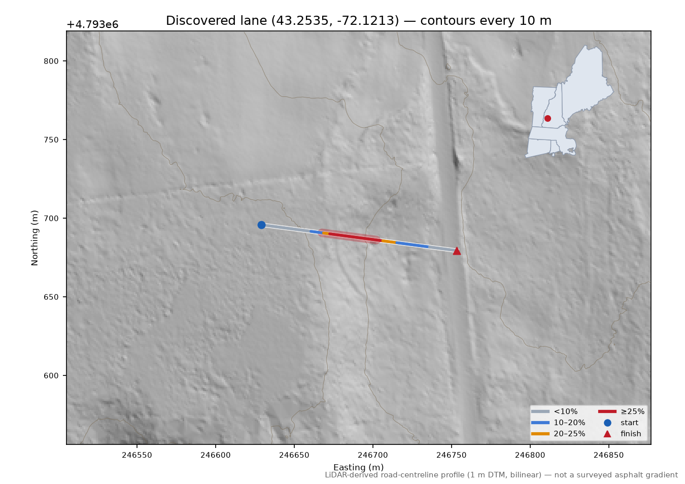 Discovered lane (43.2535, -72.1213) LiDAR hillshade map with contours