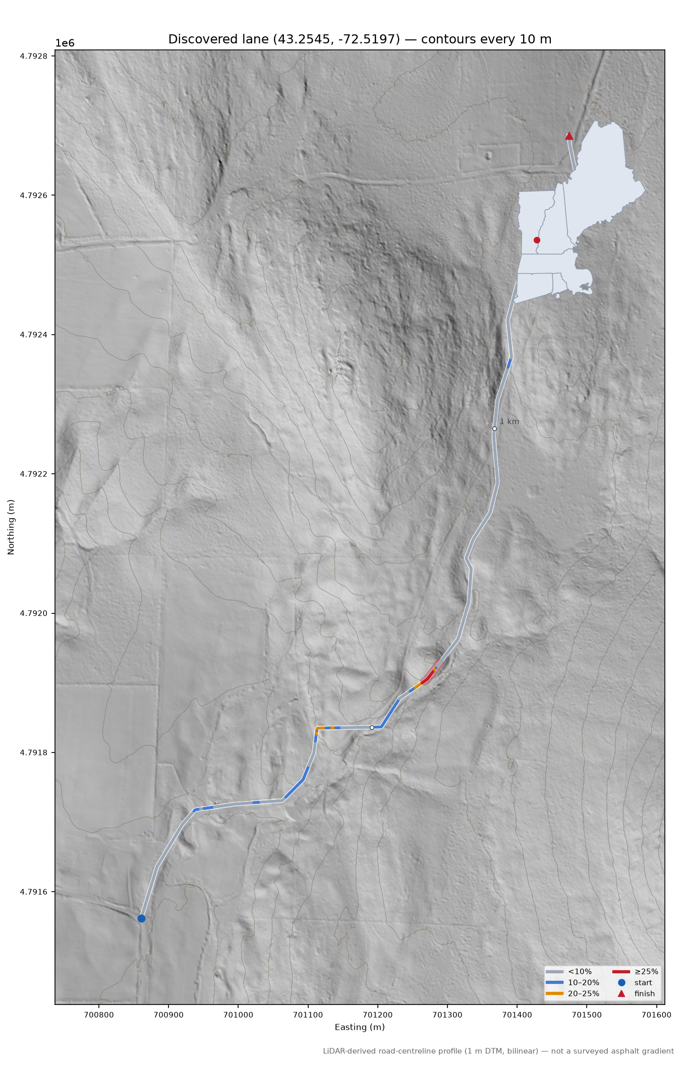 Discovered lane (43.2545, -72.5197) LiDAR hillshade map with contours