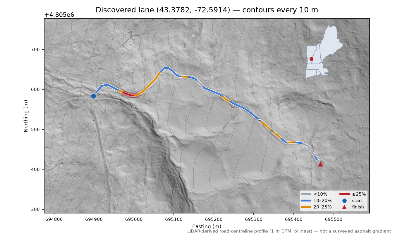 Discovered lane (43.3782, -72.5914) LiDAR hillshade map with contours
