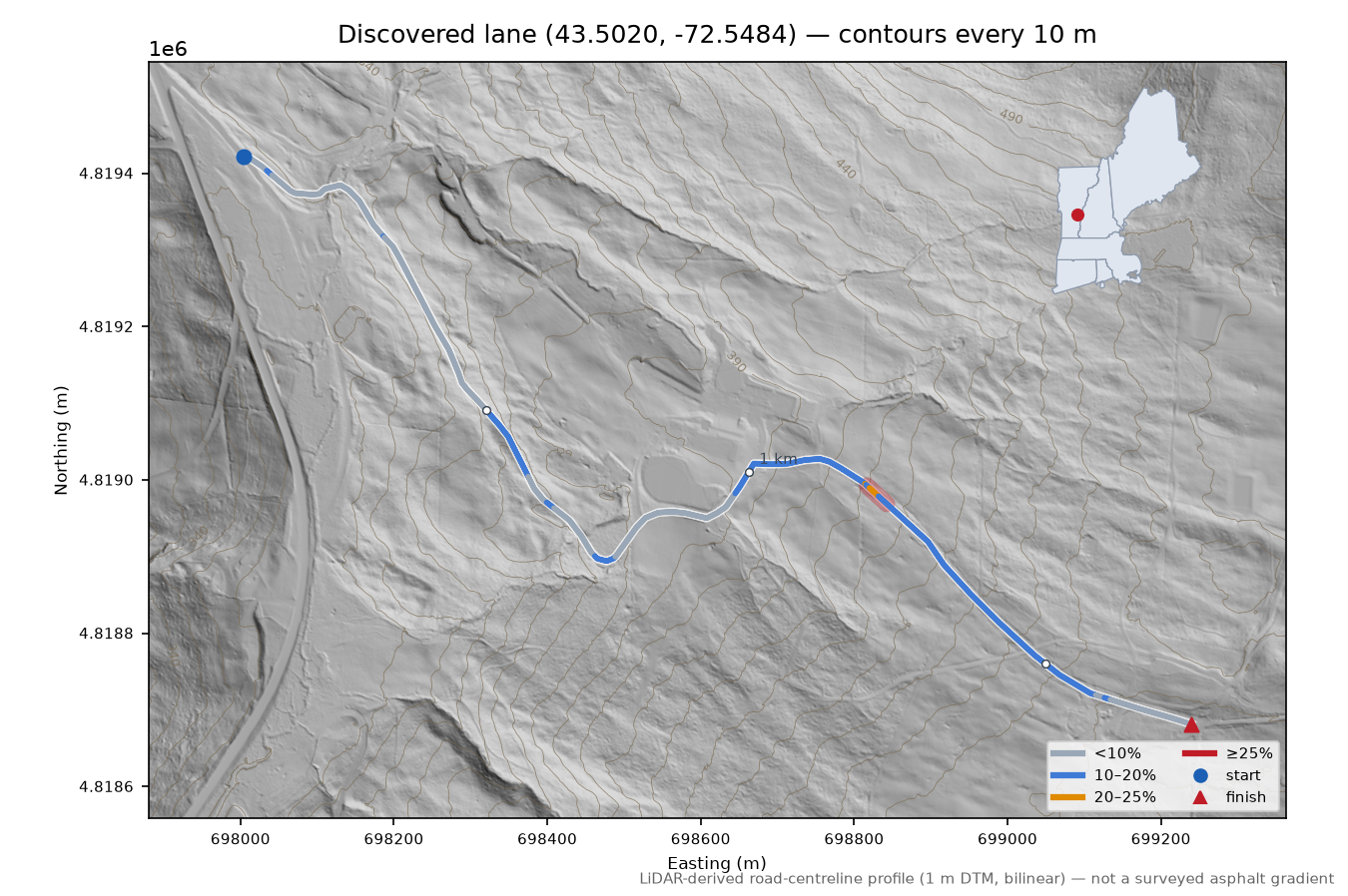 Discovered lane (43.5020, -72.5484) LiDAR hillshade map with contours