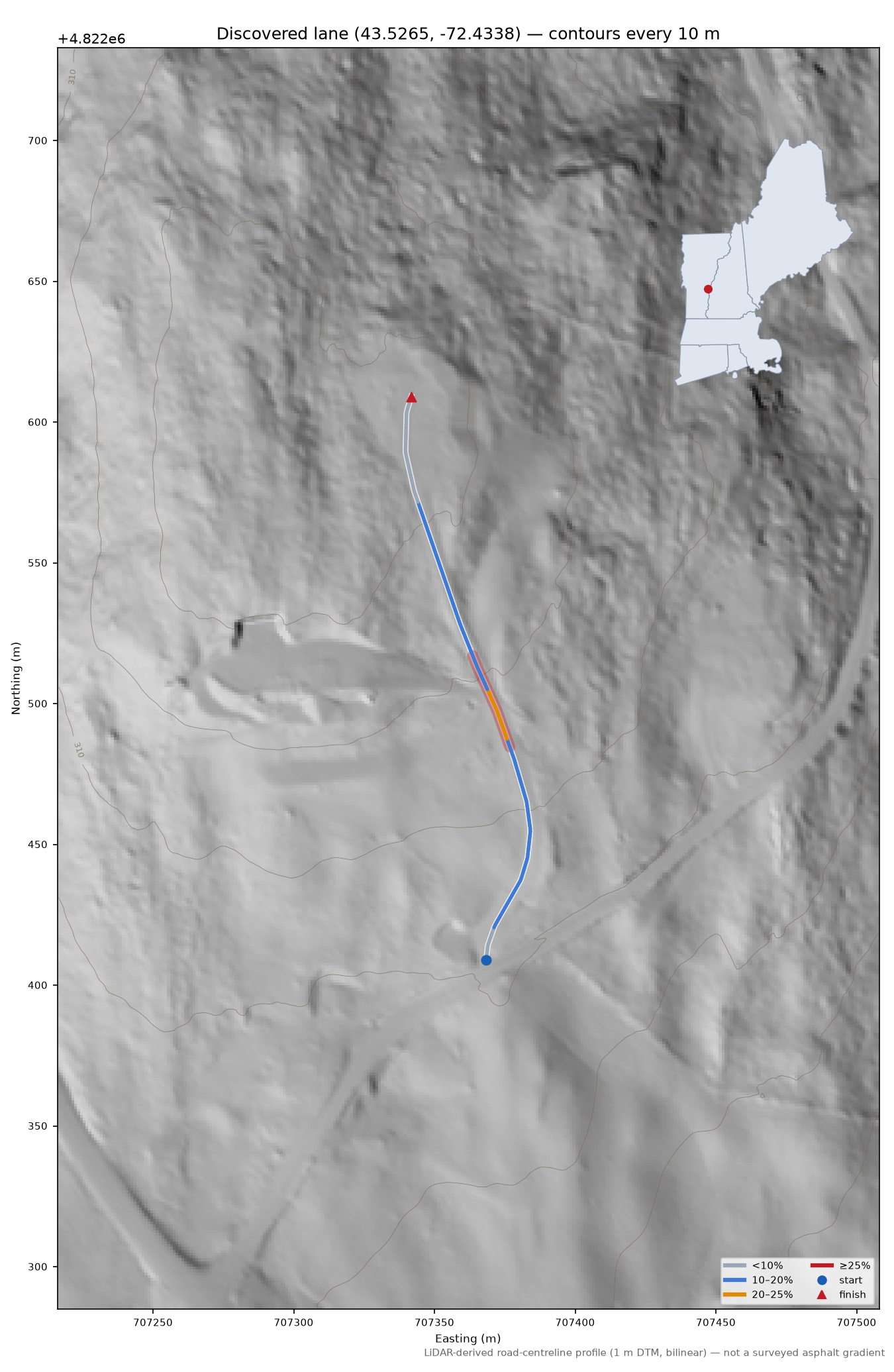 Discovered lane (43.5265, -72.4338) LiDAR hillshade map with contours