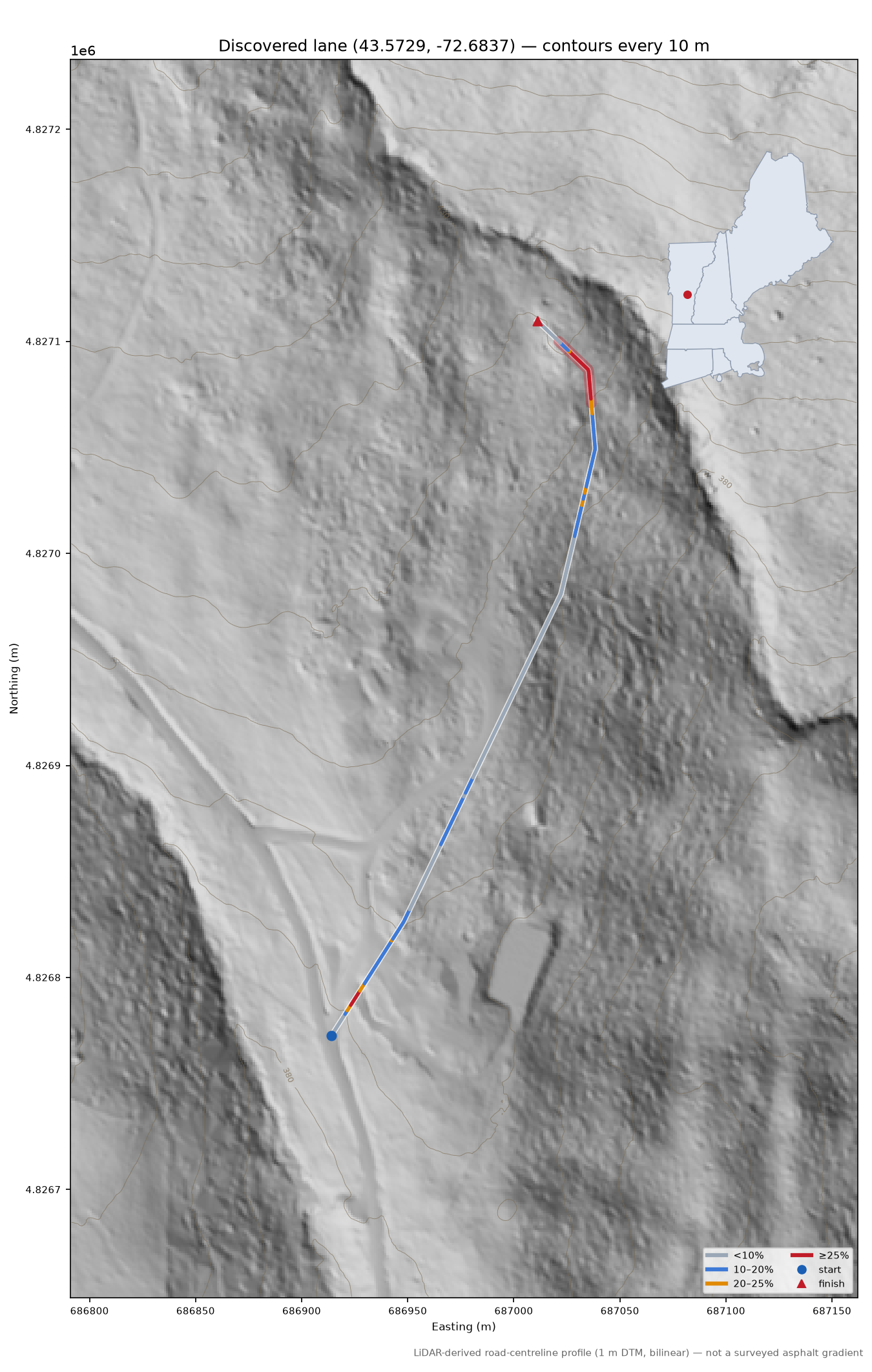 Discovered lane (43.5729, -72.6837) LiDAR hillshade map with contours