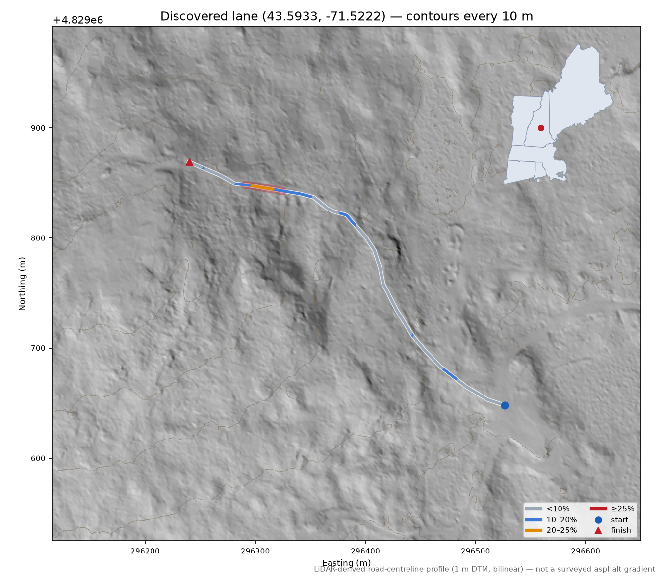 Discovered lane (43.5933, -71.5222) LiDAR hillshade map with contours