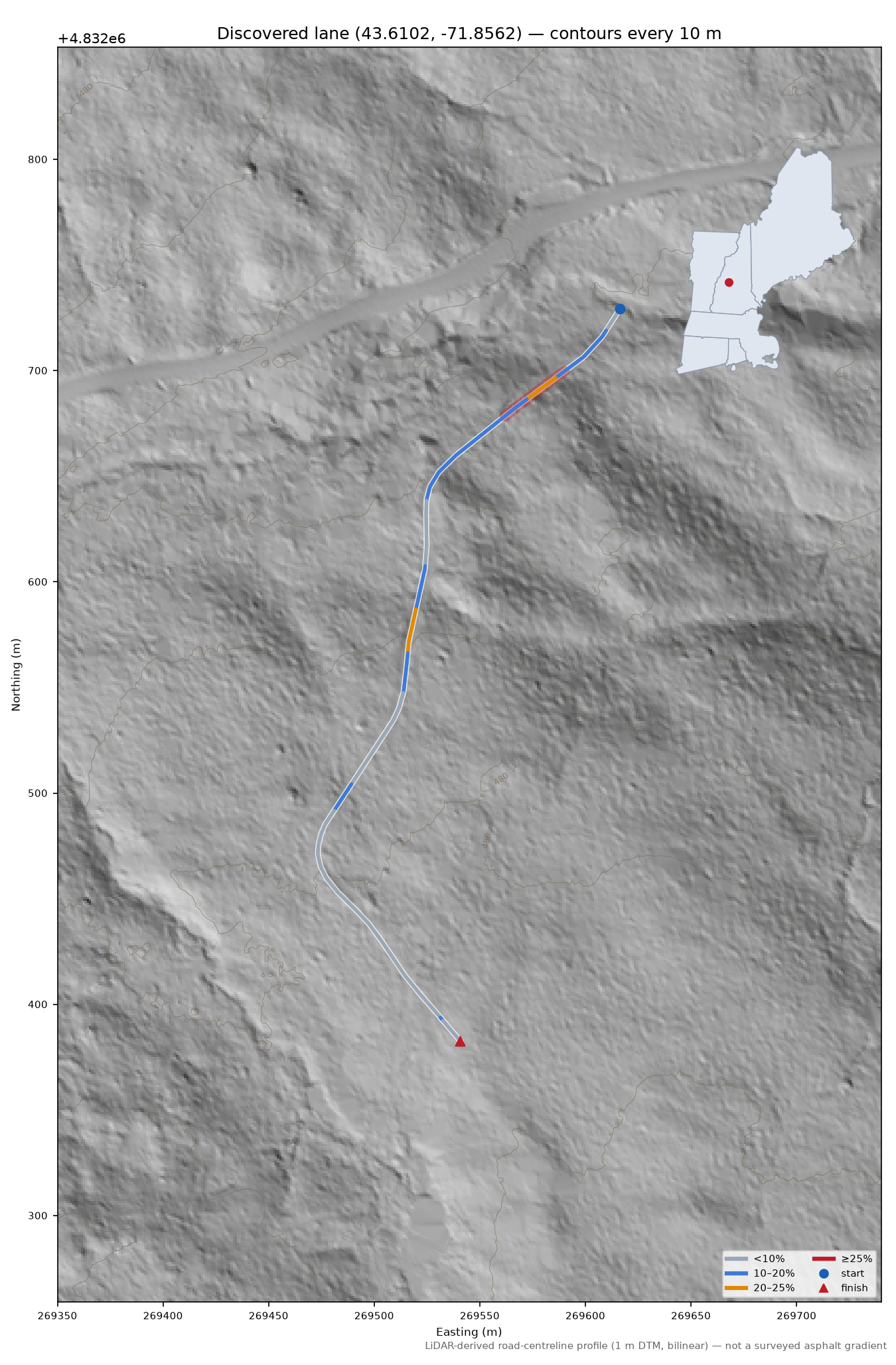 Discovered lane (43.6102, -71.8562) LiDAR hillshade map with contours