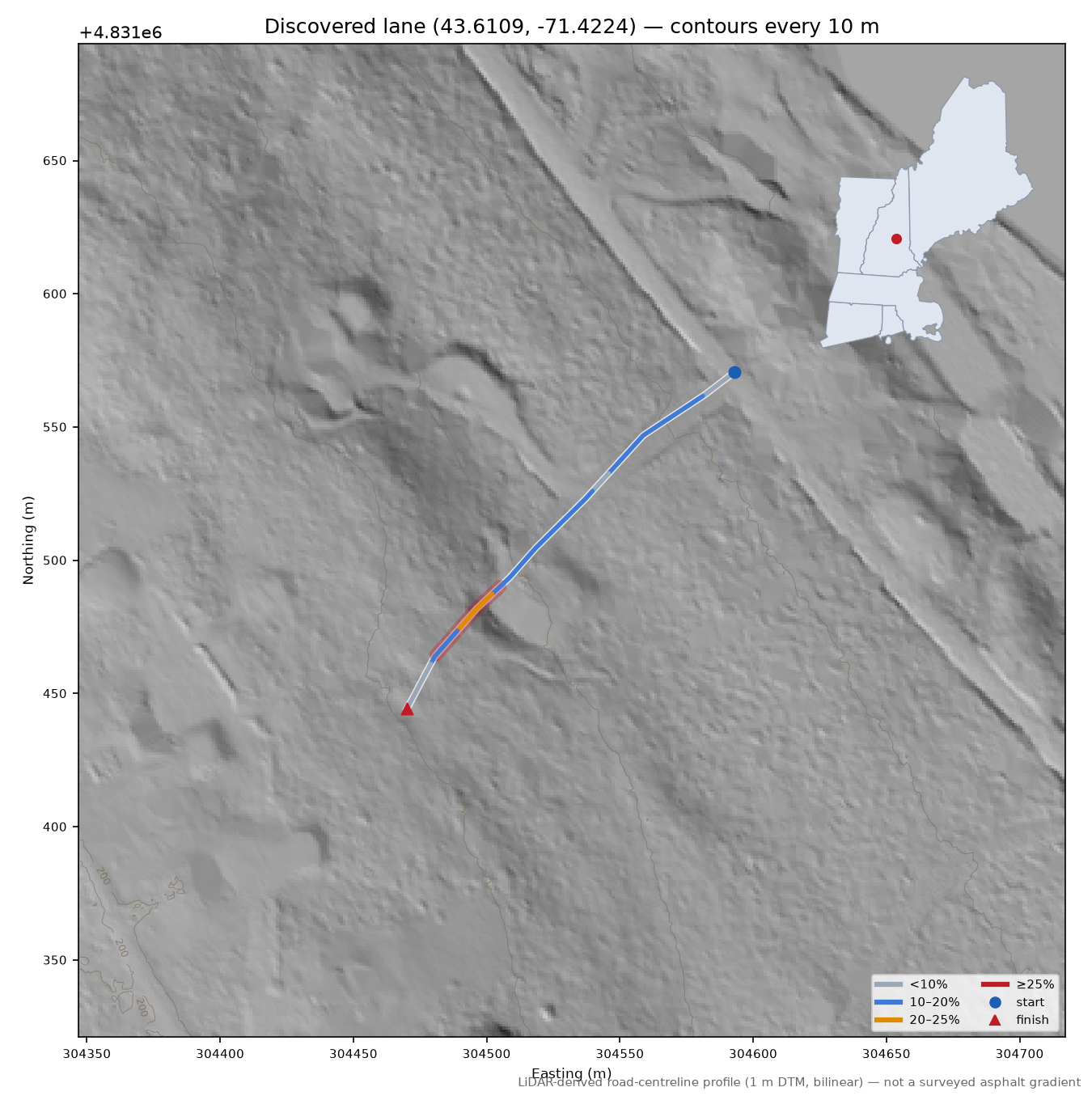Discovered lane (43.6109, -71.4224) LiDAR hillshade map with contours
