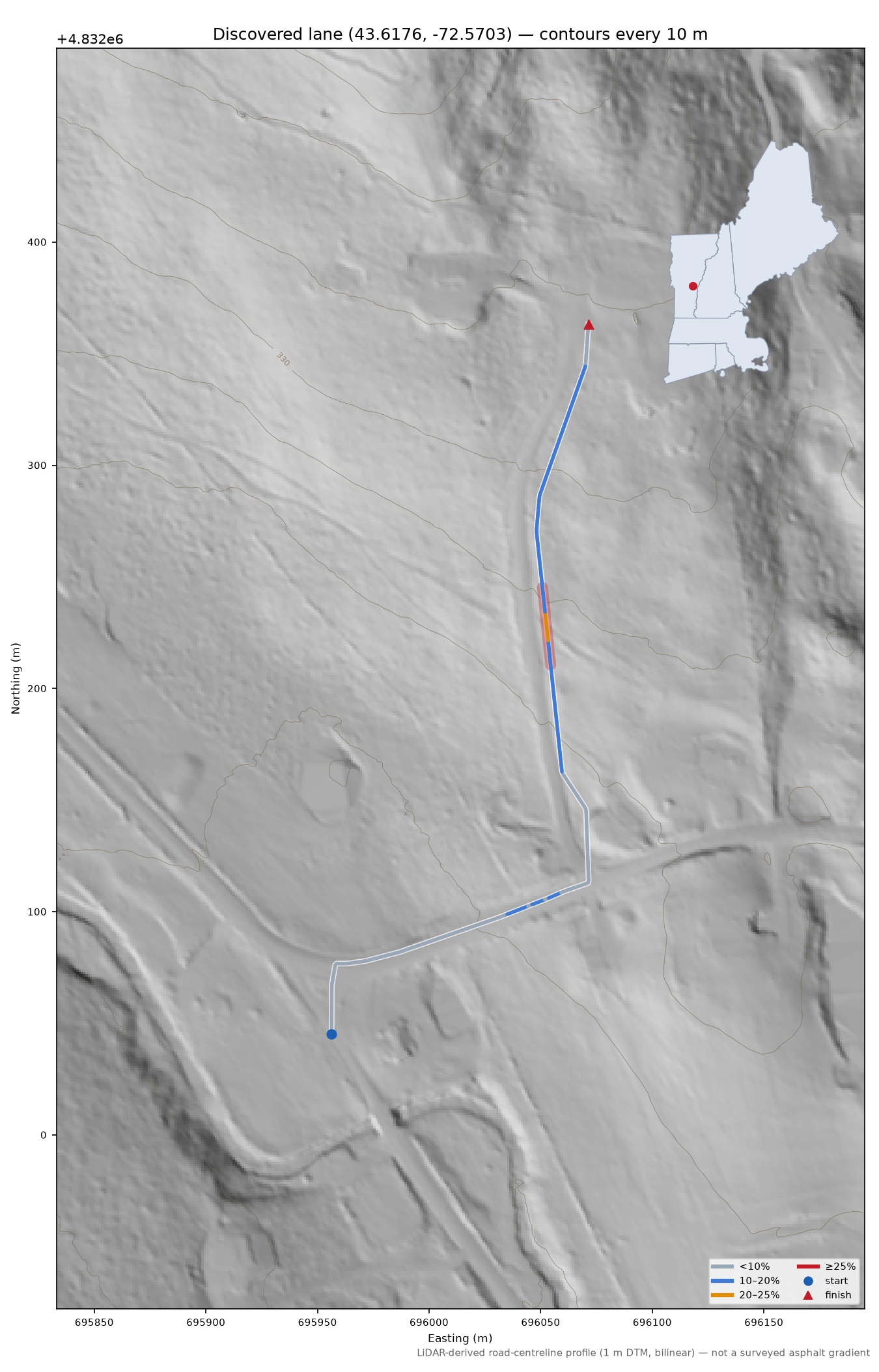 Discovered lane (43.6176, -72.5703) LiDAR hillshade map with contours