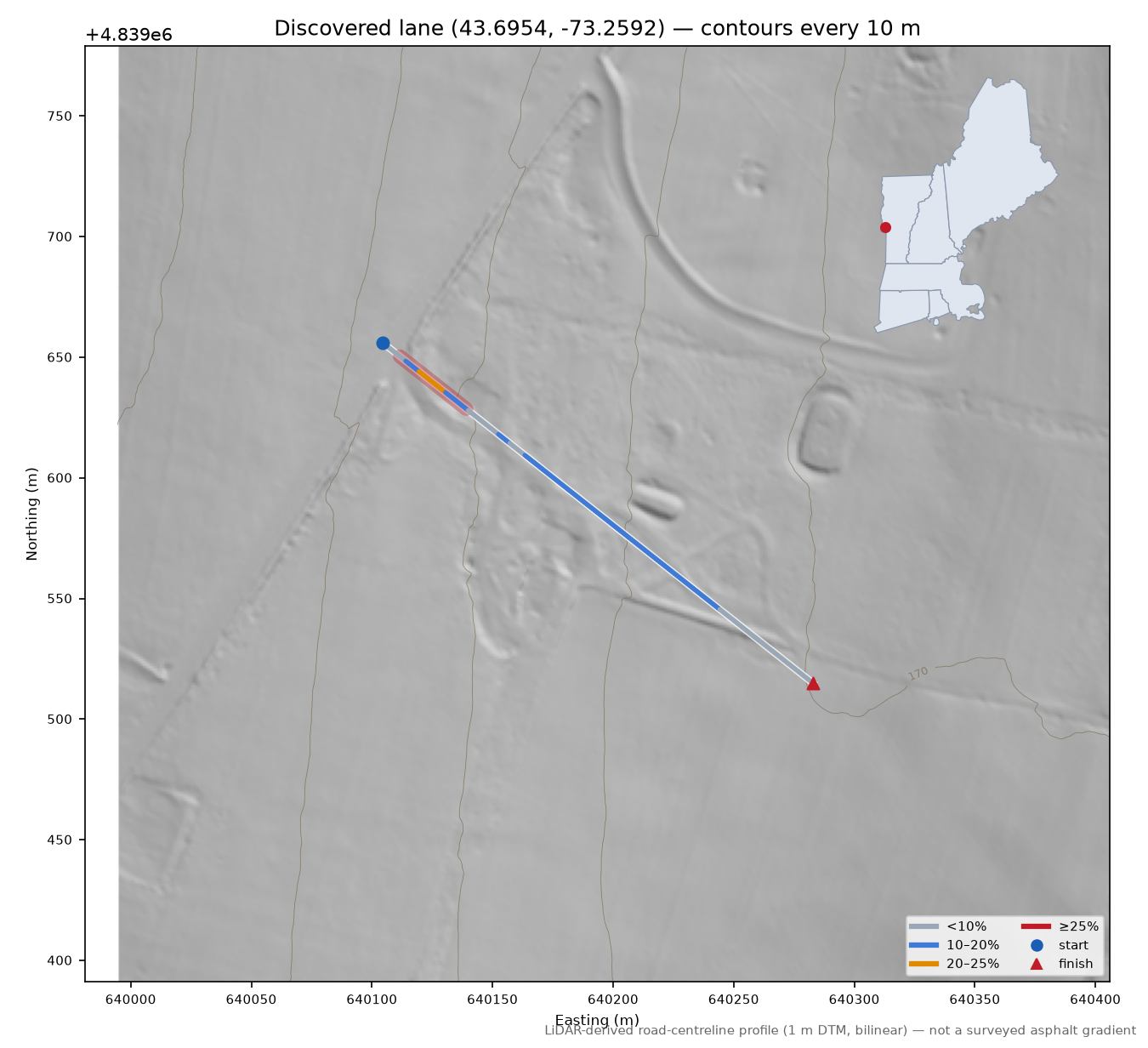 Discovered lane (43.6954, -73.2592) LiDAR hillshade map with contours