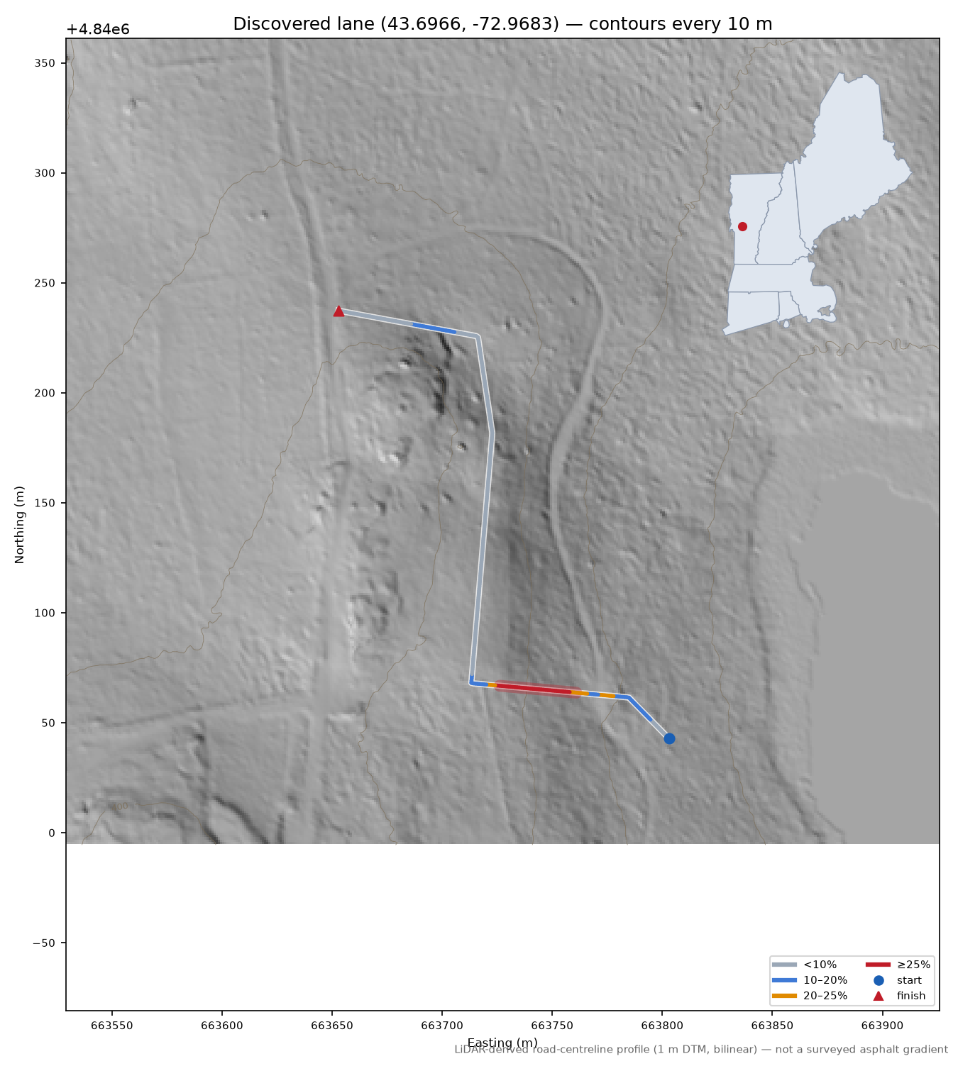 Discovered lane (43.6966, -72.9683) LiDAR hillshade map with contours